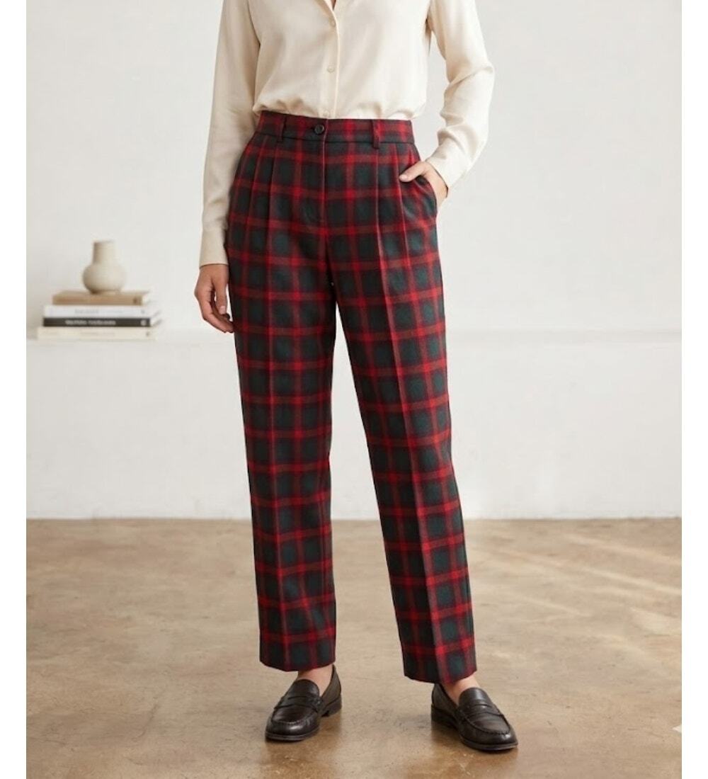 Pendleton Virgin Wool Pleated Pants Red Green Plaid High Rise Straight Leg 10P